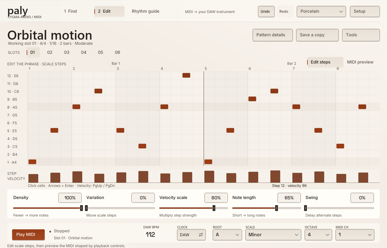 Paly Edit view in Porcelain, with a two-bar scale-step grid, velocity lane, five shaping controls and MIDI output settings.