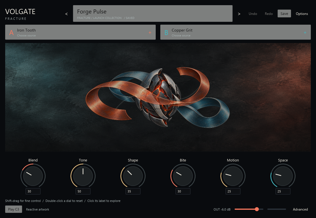 Volgate editor showing two synthesis layers, the fractured core artwork and six macro controls.
